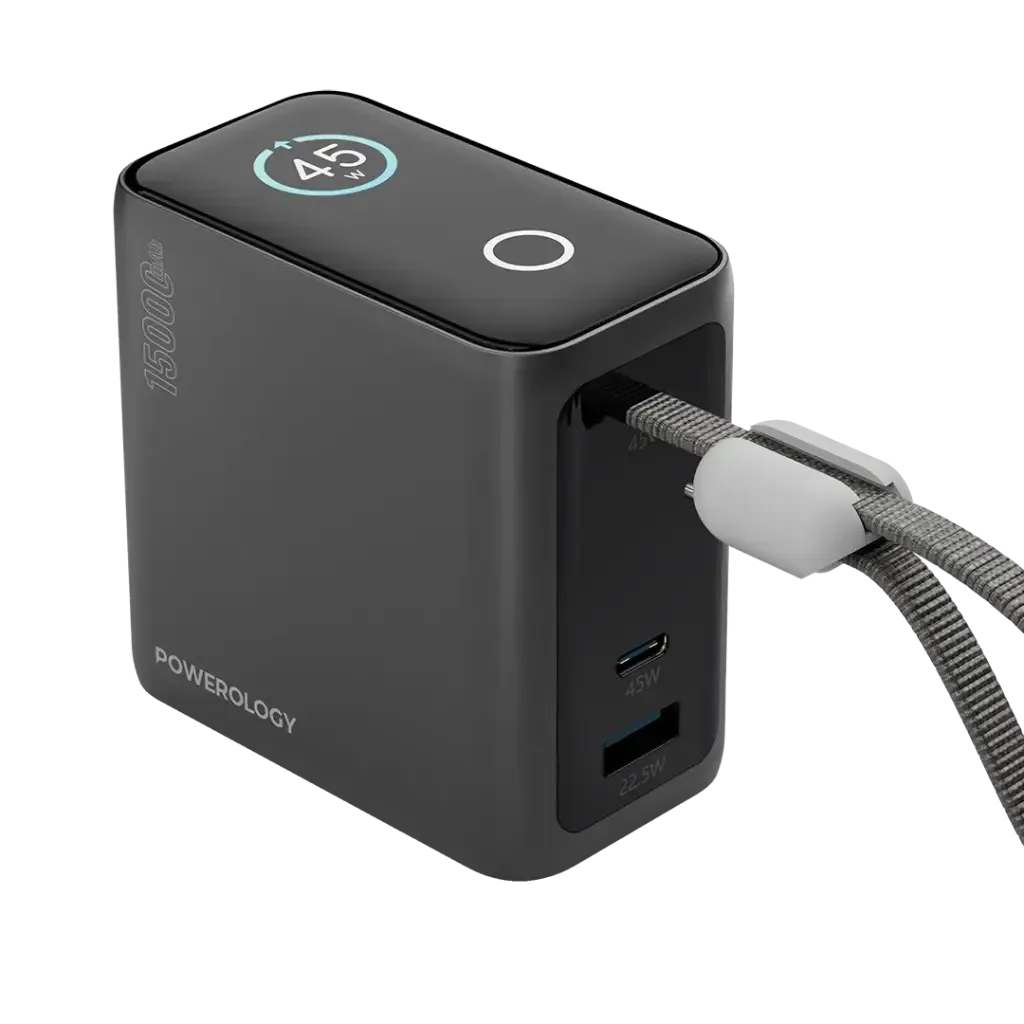 پاور بانک 45 وات پاورولوجی مدل ppbcha60 با ظرفیت 15000 هزار میلی آمپر ساعت به همراه کابل USB-C
