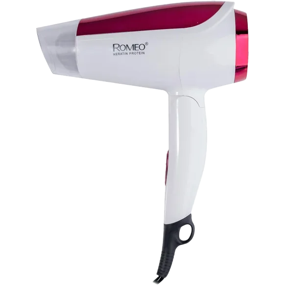 سشوار مسافرتی 1800 وات رومئو مدل RM-5959، موتور AC، وزن 350 گرم، المنت فلز، دارای سری متمرکز‌کننده پهن با ویژگی صاف‌کنندگی، با قابلیت تنظیم دما